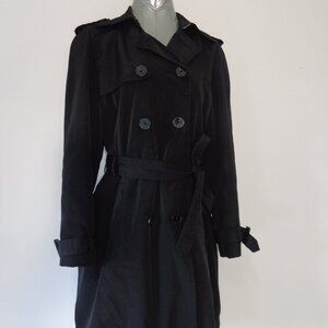 London Fog Womens Classic Black Double Breasted Trench Coat Belted Pockets Sz L